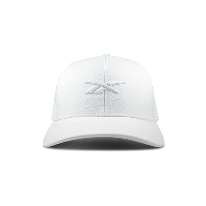 The Reebok Embroidered Vector Trucker Cap is a white baseball cap with a curved brim and a subtle embroidered logo on the front center, shown against a plain white background.