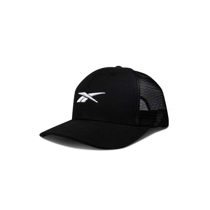 The Reebok Embroidered Vector Trucker Cap is a black baseball cap featuring mesh back panels, a curved brim, and a white embroidered logo on the front.
