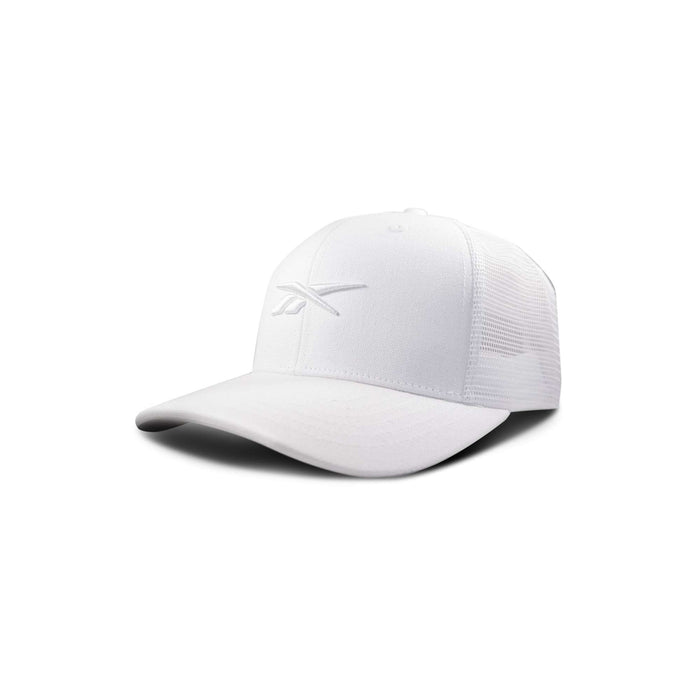 The Reebok Embroidered Vector Trucker Cap is shown against a plain white background. This white cap features mesh back panels, a curved brim, and an embroidered Reebok logo on the front.