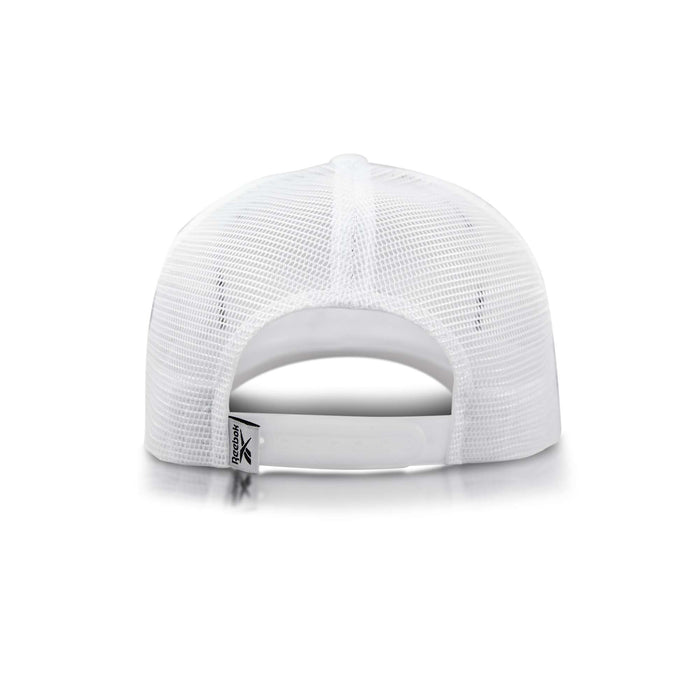 The Reebok Embroidered Vector Trucker Cap is pictured from the back, featuring a white mesh panel, adjustable snapback closure, and a small fabric tag on the edge. The background is plain white.
