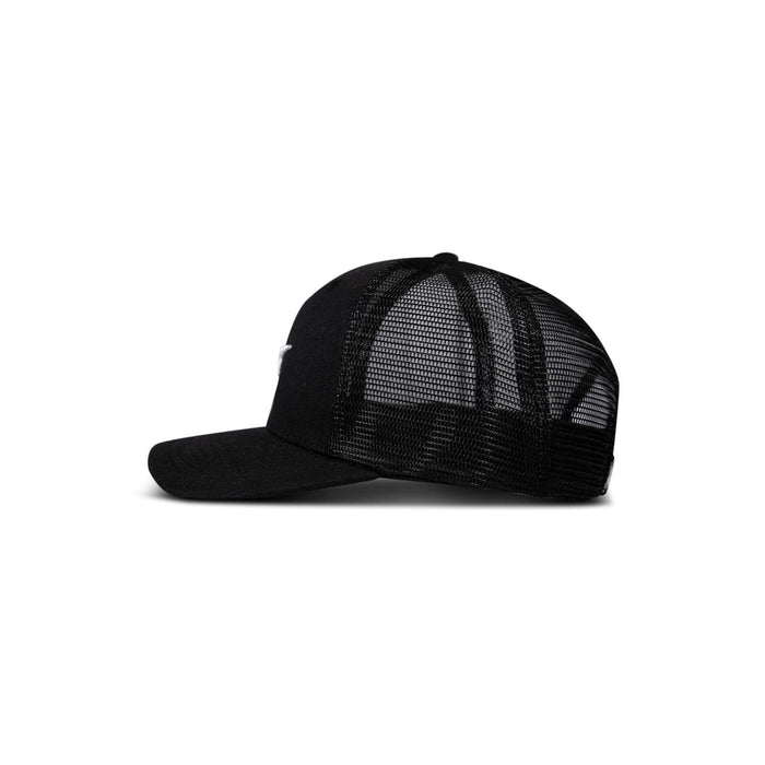 The Reebok Embroidered Vector Trucker Cap is displayed in profile on a white background, showcasing its black mesh construction, curved brim, and ventilated back panels.
