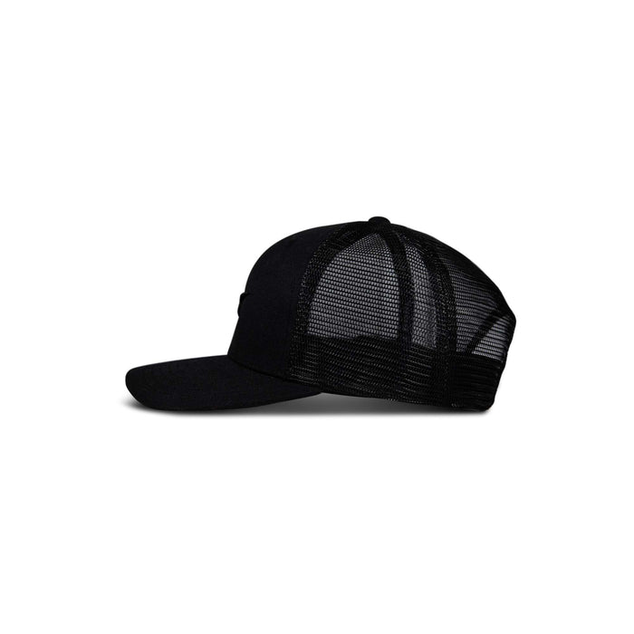 The Reebok Embroidered Vector Trucker Cap features a black solid front panel and mesh back, shown in side view on a white background.