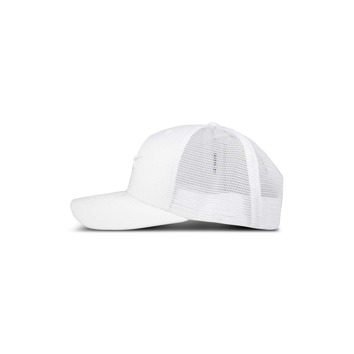 Side view of the Reebok Embroidered Vector Trucker Cap featuring a plain white design, curved brim, and mesh back panels, displayed on a white background.