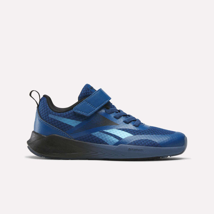 The Reebok Energen Running Shoes for little kids come in a vibrant athletic blue with matching black accents on the sole and heel tab. Designed for toddlers, these shoes feature a convenient velcro strap across the top and are crafted from mesh and synthetic materials to ensure comfort and durability. A shiny blue Reebok logo adorns the side, making them the perfect choice for active youngsters.