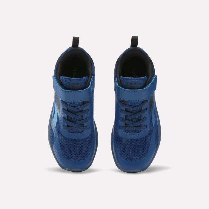 The Reebok Energen Running Shoes - Little Kids are featured in blue with black accents, elastic laces, and velcro straps. Shown from above on a plain white background, these athletic shoes are ideal for active toddlers and little kids.