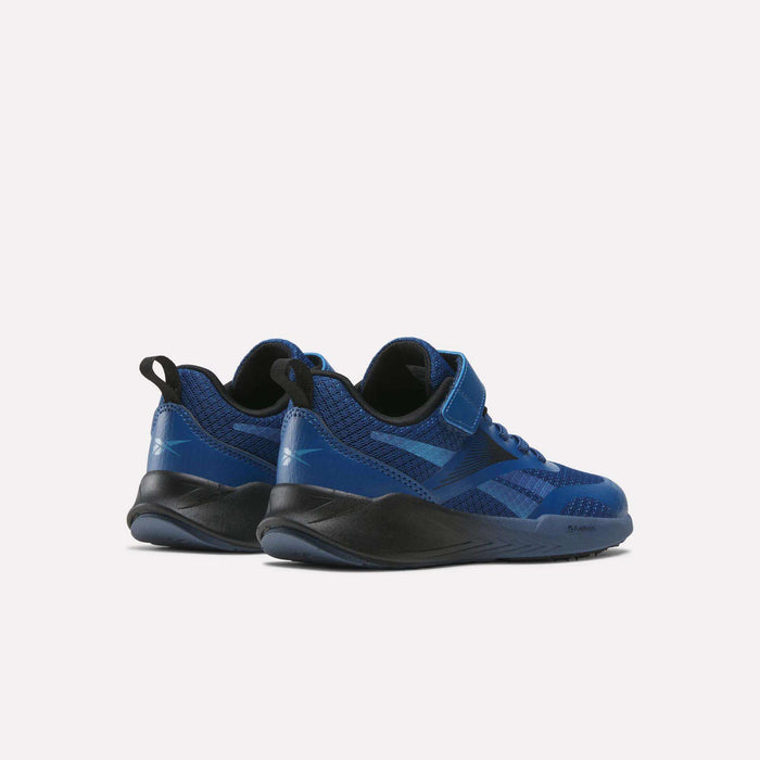 A pair of Reebok Energen Running Shoes for little kids in blue and black, featuring mesh uppers, velcro straps, and durable rubber soles—ideal as children’s running shoes—are displayed on a white background at a slight angle highlighting the sides and backs.