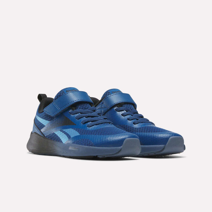 A pair of Reebok Energen Running Shoes for little kids featuring blue mesh uppers, black soles, black accents, blue laces, and a matching blue Velcro strap. These stylish children's running sneakers are highlighted by a light blue stripe detail on the side and are displayed against a plain white background.