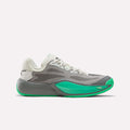 A pair of Reebok Engine A 26 Basketball Shoes in Grey 4/New Grey 1/Optical Emerald, featuring a gray athletic design with white laces, green (Optical Emerald) accents on the sole and side, and an engineered mesh upper, displayed on a white background.