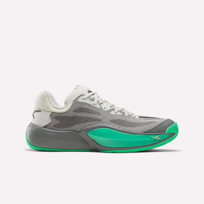 A pair of Reebok Engine A 26 Basketball Shoes in Grey 4/New Grey 1/Optical Emerald, featuring a gray athletic design with white laces, green (Optical Emerald) accents on the sole and side, and an engineered mesh upper, displayed on a white background.