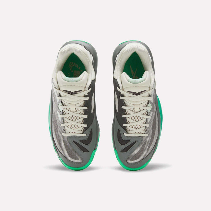A pair of Reebok Engine A 26 Basketball Shoes in gray and white with green accents, featuring an engineered mesh upper for enhanced breathability, viewed from above on a white background.