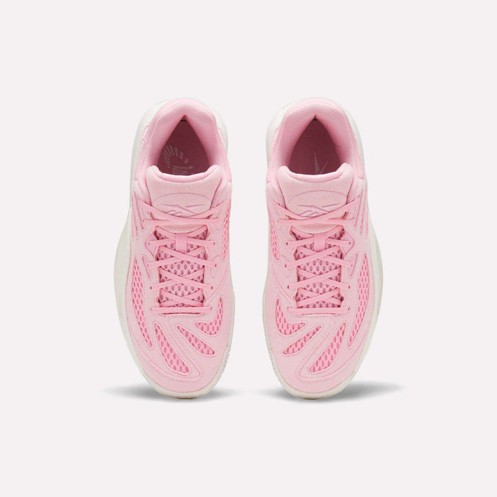 The Reebok Engine A 26 Basketball Shoes are shown from above in pink with mesh, wavy overlays, and white soles. Pink laces match the energetic vibe of these stable sneakers, designed for basketball performance on a white background.