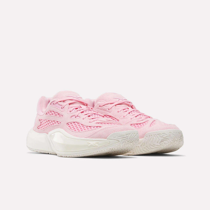 The Reebok Engine A 26 Basketball Shoes feature light pink mesh and suede uppers, white midsoles for energy return, and textured white outsoles for stability, shown against a plain white background.