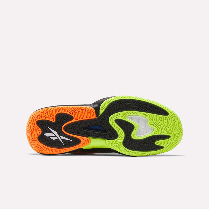 The underside of the Reebok Engine A 26 Basketball Shoes has a bold, wavy tread in neon green, orange, and black with a visible Reebok logo on the orange section for added stability on the court.