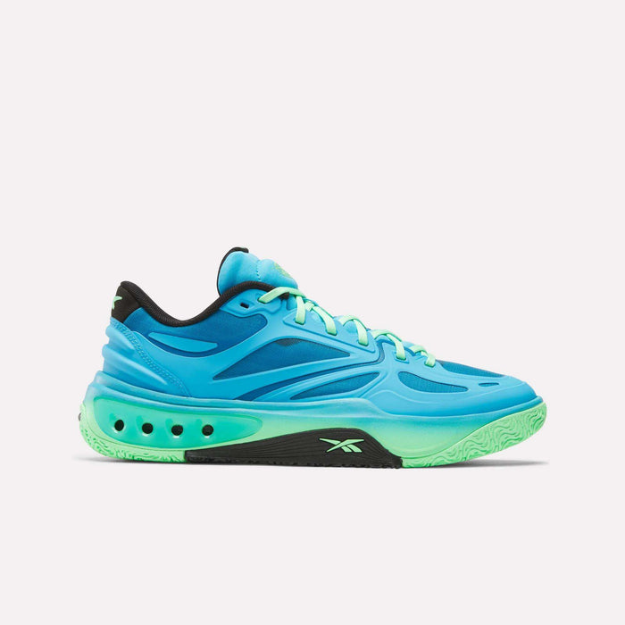 A left side profile of Reebok's Engine A Basketball Shoes, featuring a bright blue and green design, black sole, SuperFloat foam cushioning, light green laces, and perforated sides on a white background.