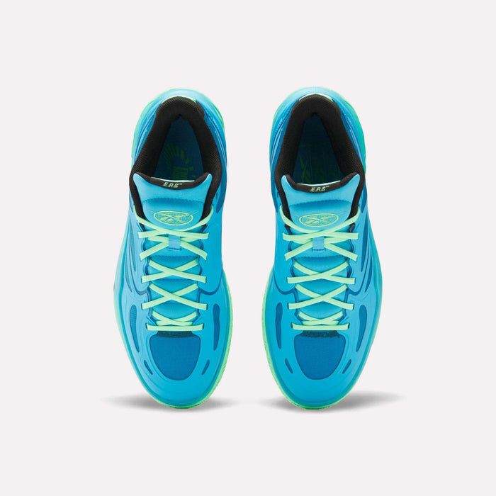 A pair of Reebok Engine A Basketball Shoes in bright blue with light blue laces, green accents, and SuperFloat foam cushioning, shown from above on a white background.