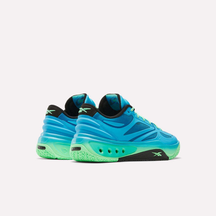A pair of Reebok Engine A Basketball Shoes in vibrant blue and neon green with black accents, featuring the SuperFloat foam for comfort and shown from rear and side angles against a plain white background.