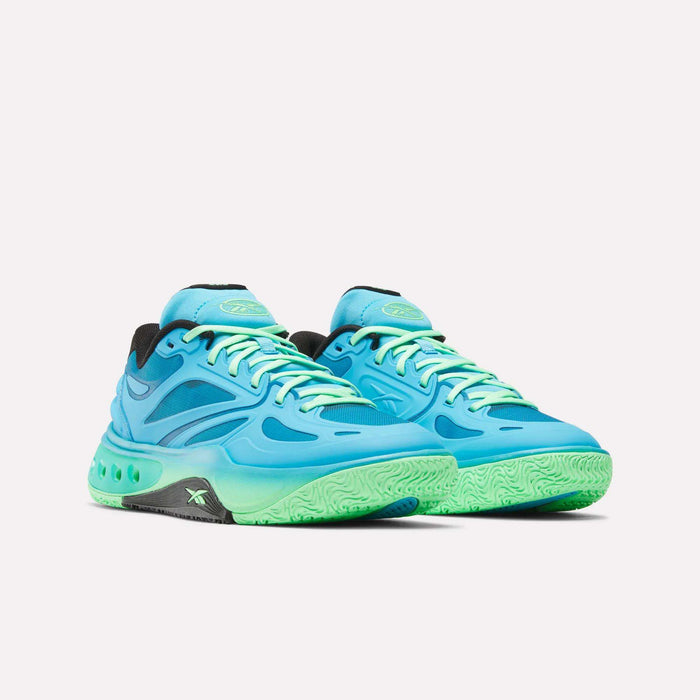 The Reebok Engine A Basketball Shoes feature vibrant blue and neon green colors with black details, mesh accents, and textured soles with SuperFloat foam, shown on a plain white background.