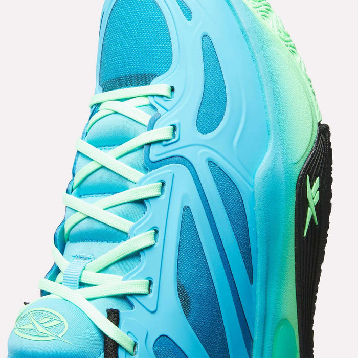 Close-up of the Reebok Engine A Basketball Shoes: vibrant blue sneakers with light blue and mint green laces, black accents, stylized logo, mesh and synthetic overlays for texture, and SuperFloat foam for comfort during performance play.