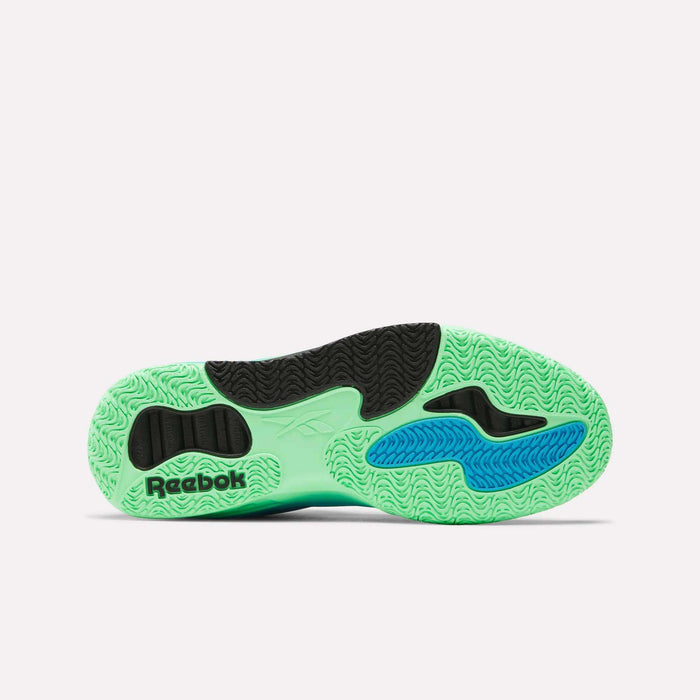 The image shows the sole of the Reebok Engine A Basketball Shoes, featuring a green base with black and blue traction, visible Reebok branding near the heel, and ERS technology integrated into the textured design covering the entire outsole.