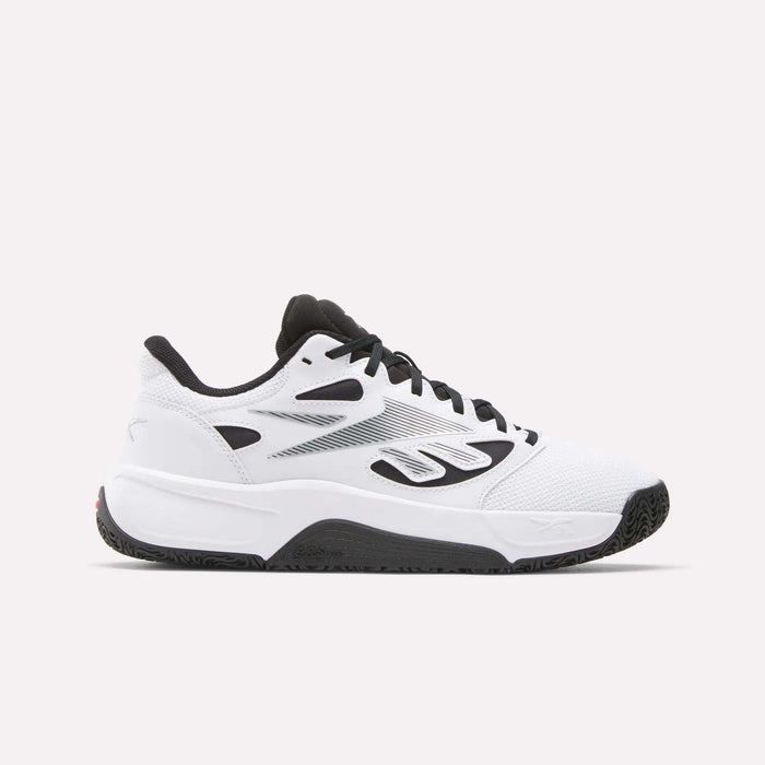 The Reebok Engine LT Shoes are white athletic sneakers with black and gray accents, black laces, a low-cut design, and a textured black sole, shown on a plain light background.