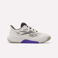 The Reebok Engine LT Shoes are white athletic sneakers with black and purple accents, a mesh upper, black laces, textured sole, visible logo, and purple midsole detail for modern style and cushioned comfort.