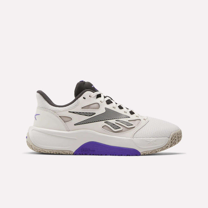 The Reebok Engine LT Shoes are white athletic sneakers with black and purple accents, a mesh upper, black laces, textured sole, visible logo, and purple midsole detail for modern style and cushioned comfort.