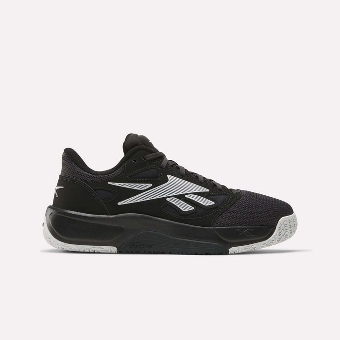 Reebok Engine LT Shoes are black and white low-cut athletic sneakers with a mesh toe, patterned outsole, white side logo and detailing, plus a light gray sole designed for superior grip.