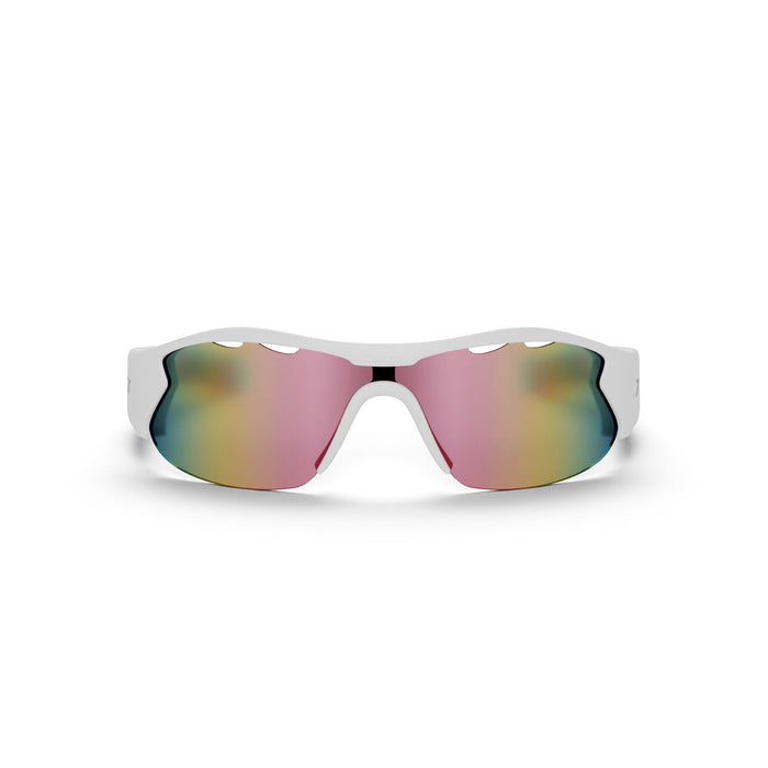 The Reebok Flash Smart Audio Sunglasses feature a white frame and large polarized lenses that shift from pink to yellow and green, shown against a plain white background.