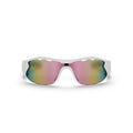 The Reebok Flash Smart Audio Sunglasses feature a white frame and large polarized lenses that shift from pink to yellow and green, shown against a plain white background.