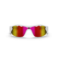 Reebok Flash Smart Audio Sunglasses in white, with a single wraparound red-to-yellow gradient lens, are shown front-facing on a plain white background.