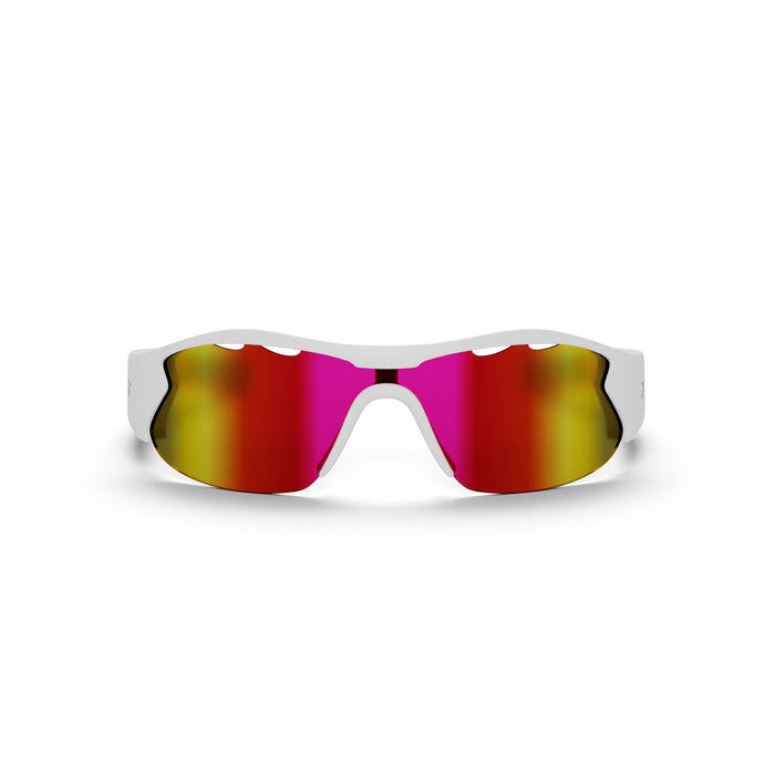 Reebok Flash Smart Audio Sunglasses in white, with a single wraparound red-to-yellow gradient lens, are shown front-facing on a plain white background.