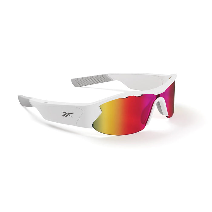 Reebok Flash Smart Audio Sunglasses feature a white wraparound frame, mirrored multicolored lenses in red, orange, and yellow hues, gray rubber-grip arms, and a small logo on the side.