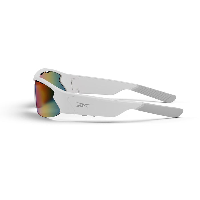Reebok Flash Smart Audio Sunglasses in white with a thick frame, textured arms, and rainbow-tinted polarized lenses. Bluetooth-enabled with the Reebok logo on the side, shown against a white background.