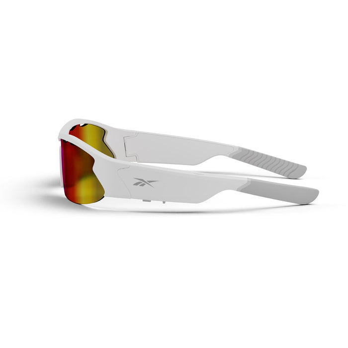 Side view of Reebok Flash Smart Audio Sunglasses in white with a thick frame, red-orange mirrored lenses, and Reebok logo on the arms, shown against a white background.