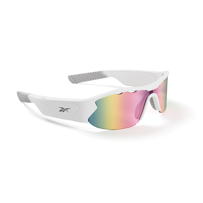 Reebok Flash Smart Audio Sunglasses with a white wraparound frame, reflective rainbow polarized lenses, gray arm accents, and Reebok logo on the side.