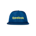 The Reebok Flat Brim Running Cap is a blue, lightweight hat with moisture-wicking fabric, featuring a flat brim and bold yellow Reebok logo on the front, shown against a white background.