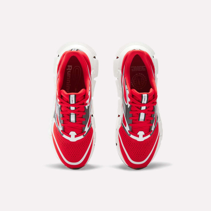 A pair of Reebok FloatZig 2 Running Shoes in red, white, and gray with a supportive upper, shown from above on a plain white background.