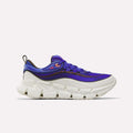 Introducing the Reebok Floatzig Encore Running Shoes—athletic sneakers designed for walking and fitness, featuring a chunky white sole with a Chalk/Neon Cherry/Breakout Blue colorway. Highlighting bold blue accents and neon cherry details, these shoes embody the innovative Zig tech look by Reebok. Displayed against a plain white background.