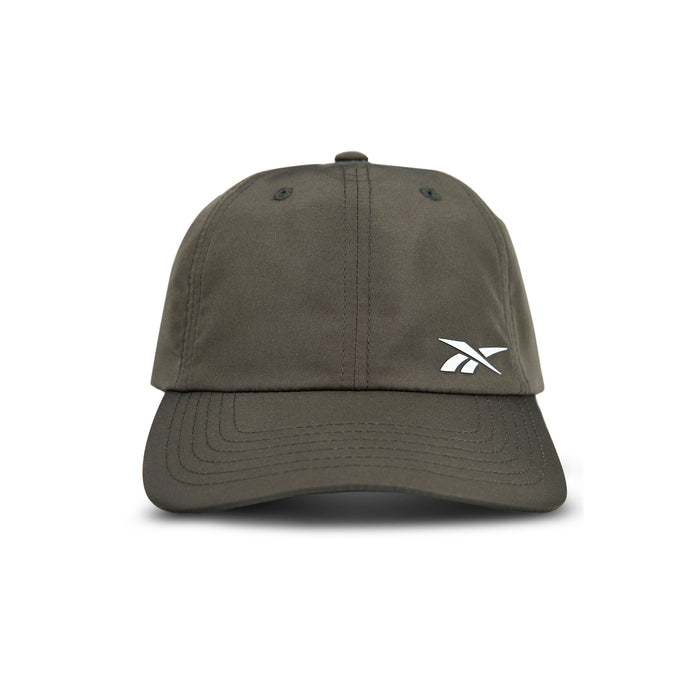 Front view of the Reebok Flow Cap in dark olive green, showcasing a curved brim, white embroidered Reebok logo, visible stitching, two eyelets for ventilation, and a moisture-wicking sweatband. Made from recycled polyester for comfort.