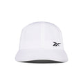 The Reebok Flow Cap is a plain white cap made from recycled polyester, featuring a small black logo on the front left and a moisture-wicking sweatband, shown against a white background.