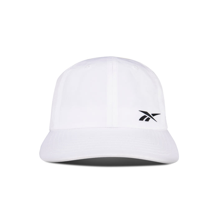 The Reebok Flow Cap is a plain white cap made from recycled polyester, featuring a small black logo on the front left and a moisture-wicking sweatband, shown against a white background.