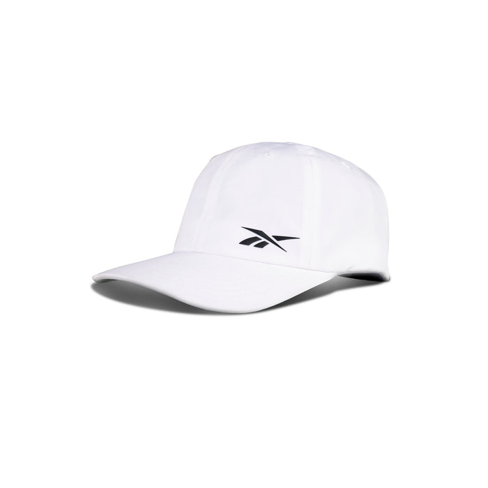 The Reebok Flow Cap is white, made from recycled polyester, and features a curved brim, a black front logo, and a moisture-wicking sweatband—displayed on a plain white background.