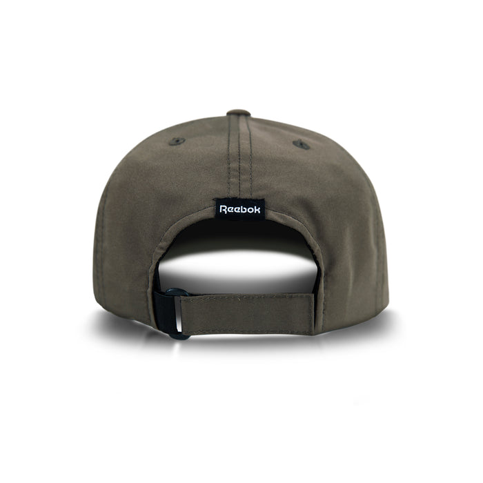 A rear view of the Reebok Flow Cap in olive green, made from recycled polyester, with a black adjustable strap, moisture-wicking sweatband, and a small Reebok logo tag above the opening.