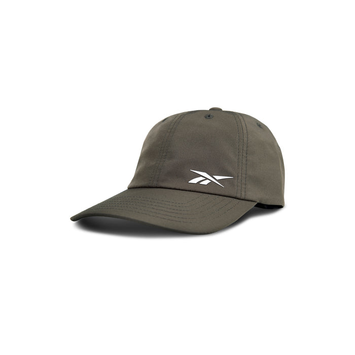The Reebok Flow Cap, shown on a white background, is a dark gray cap made from recycled polyester with a curved brim, moisture-wicking sweatband, and a white Reebok logo on the front.