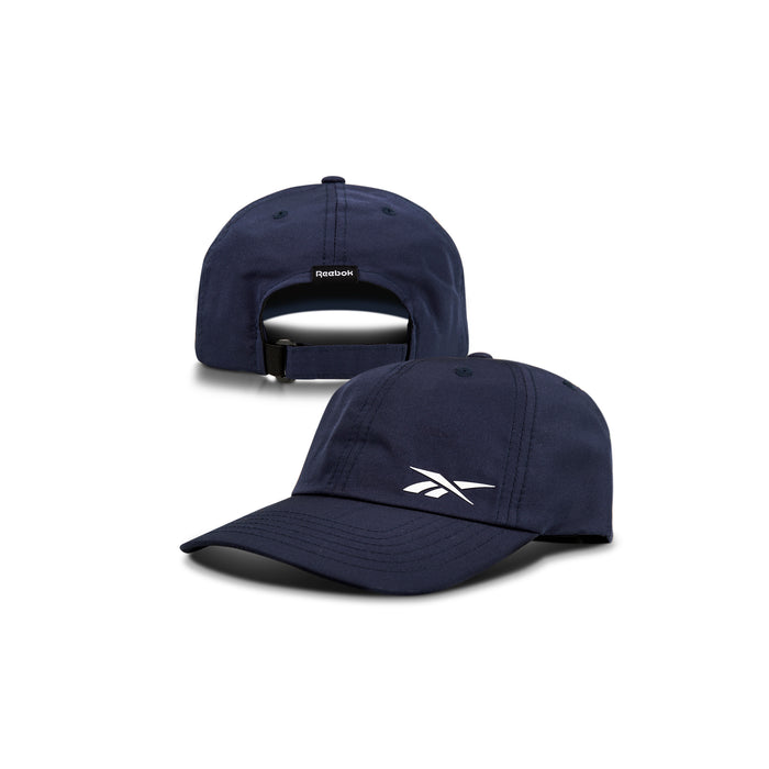 Two navy blue Reebok Flow Caps are pictured—one front-facing with the white logo, the other backward showing an adjustable strap and small tag. Each recycled polyester cap includes a moisture-wicking sweatband for comfort.