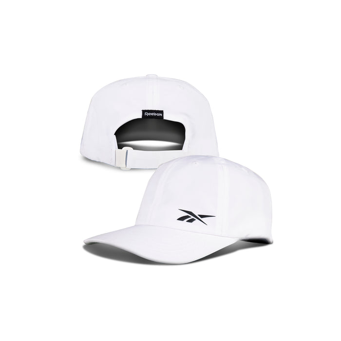 Front and back views of the Reebok Flow Cap: the front shows the black Reebok logo, while the back features an adjustable strap and label. Made from recycled polyester with a moisture-wicking sweatband, set on a plain white background.