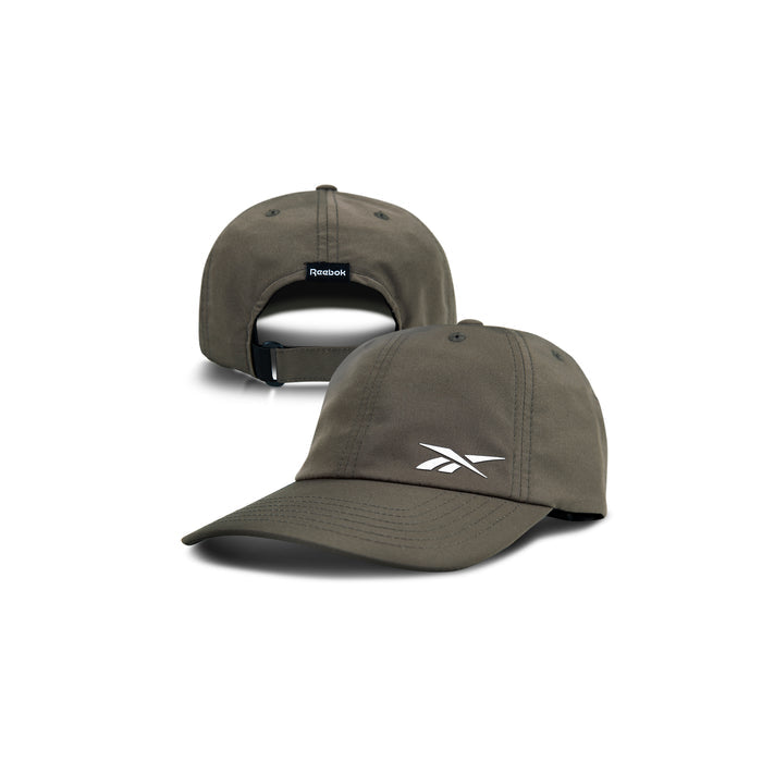 Two olive green Reebok Flow Caps are pictured, one showing the white Reebok logo on the front and the other displaying the adjustable strap with a small label. Each recycled polyester cap includes a moisture-wicking sweatband for comfort.
