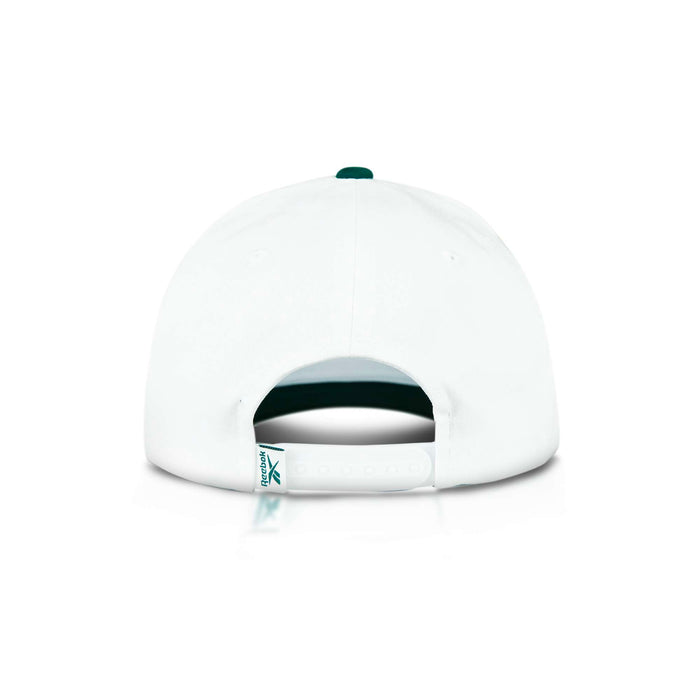 Back view of the Reebok Gameday Cap in white, featuring an adjustable snapback closure and a small green logo tag on the strap, set against a plain white background.