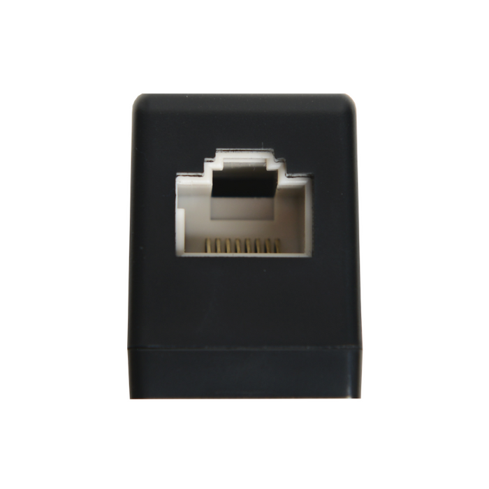A black RJ45 Ethernet network port module shown from the front