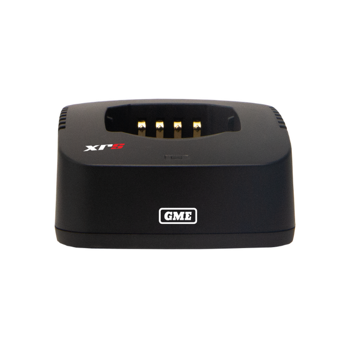 A black GME XPS battery charger with gold-plated charging pins